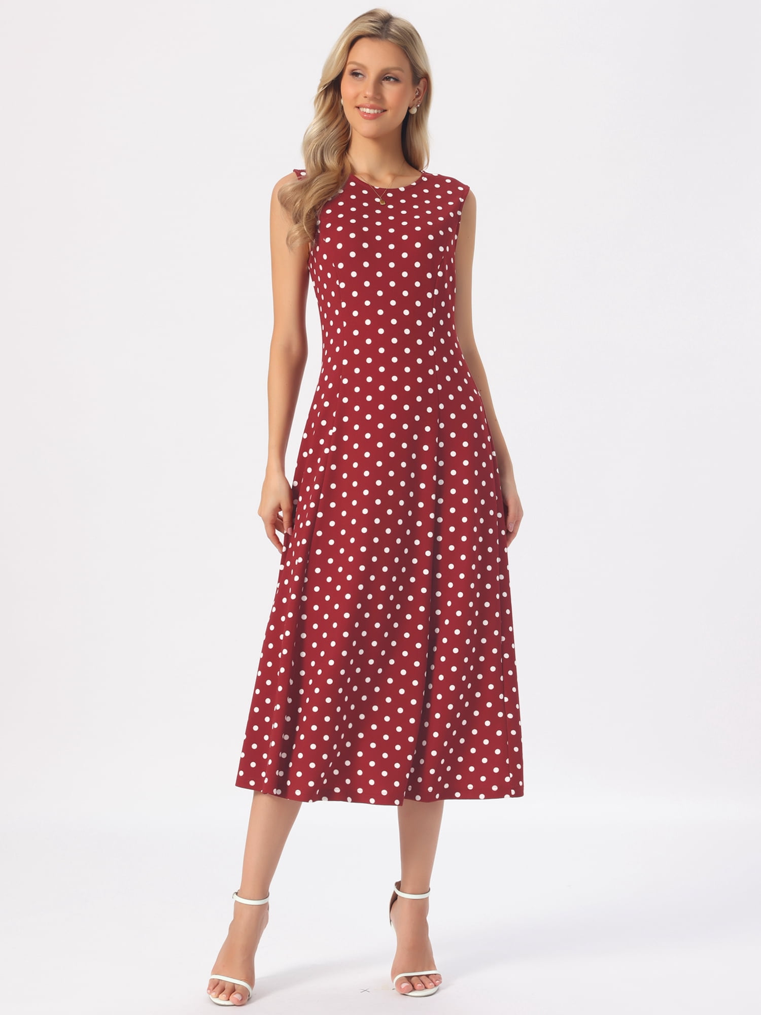 DARING DIVA Women's Polka Dots Sleeveless Sundress Vintage Crewneck Midi Dress S Dark Red