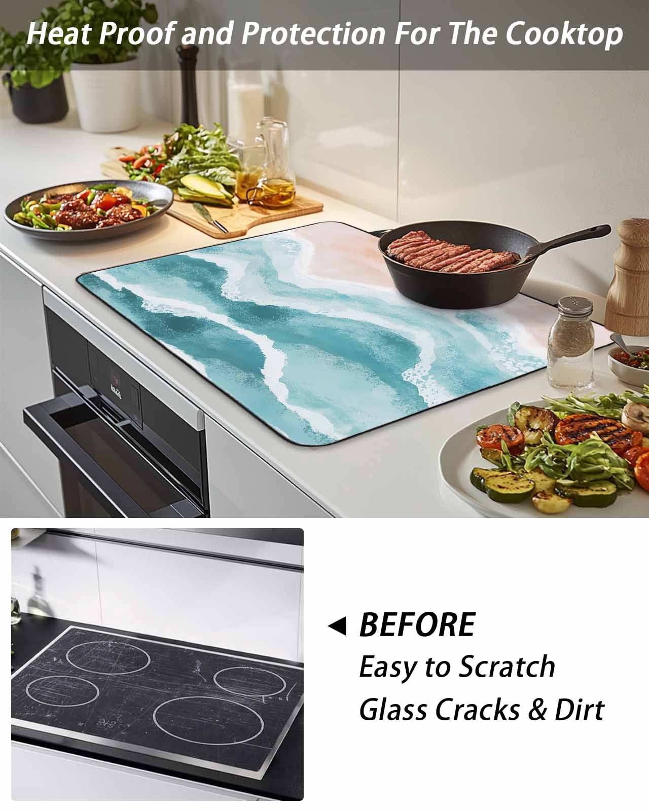 Stove Top Covers for Electric Stove, Aqua Coastal Beach Glass Stovetop Cover Protector, Modern Oil Painting Nautical Induction Cooktop Protector Oven Mat for Kitchen Countertop 28.5"x20.5"