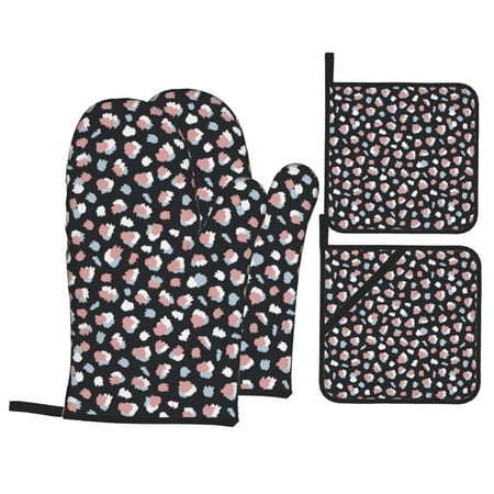 

Oven Mitts and Pot Holders Sets 4 pcs - Abstract dot print Heat Resistant Silicone Oven Gloves with Non-Slip Silicone Surface and hot pads for kitchen Baking Cooking BBQ