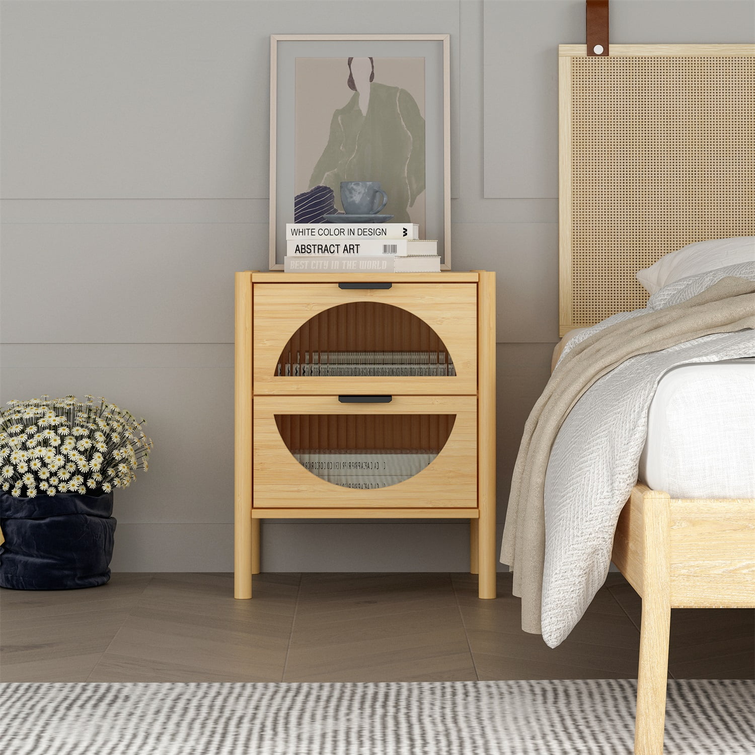 Kadyn Nightstand Side Table, Bamboo End Table with 2 Drawers, Modern Bedside Table for Bedroom, Living Room, Barnwood Kadyn Nightstand Side Table, Bamboo End Table with 2 Drawers, Modern Bedside Table for Bedroom, Living Room, Barnwood
