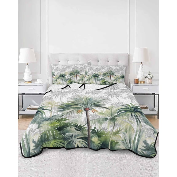 Quilts Twin Size, Summer Tropical Leaves Soft Comforter Bedding Set for Bed, Green Botanical Palm Trees Lightweight Quilted Bedspread with Pillow Cover(2 Pieces) for All Season, 68x86 Inch