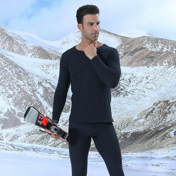 Winter Couples Slim Bottoming Shirt Plus Velvet Padded Autumn Pants Set Cold-proof Antibacterial De Velvet Thermal Underwear Men's Navy Blue XL