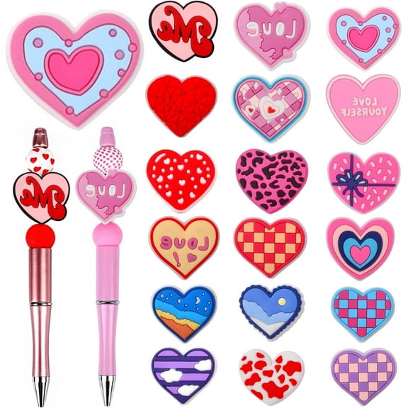 Focal Beads for Pens, 19pcs Colorful Heart Shape Soft Rubber Loose Bead Mothers Day Gift for Crafts Beadable Pen Keychains Lanyards Bracelets Home Decoration