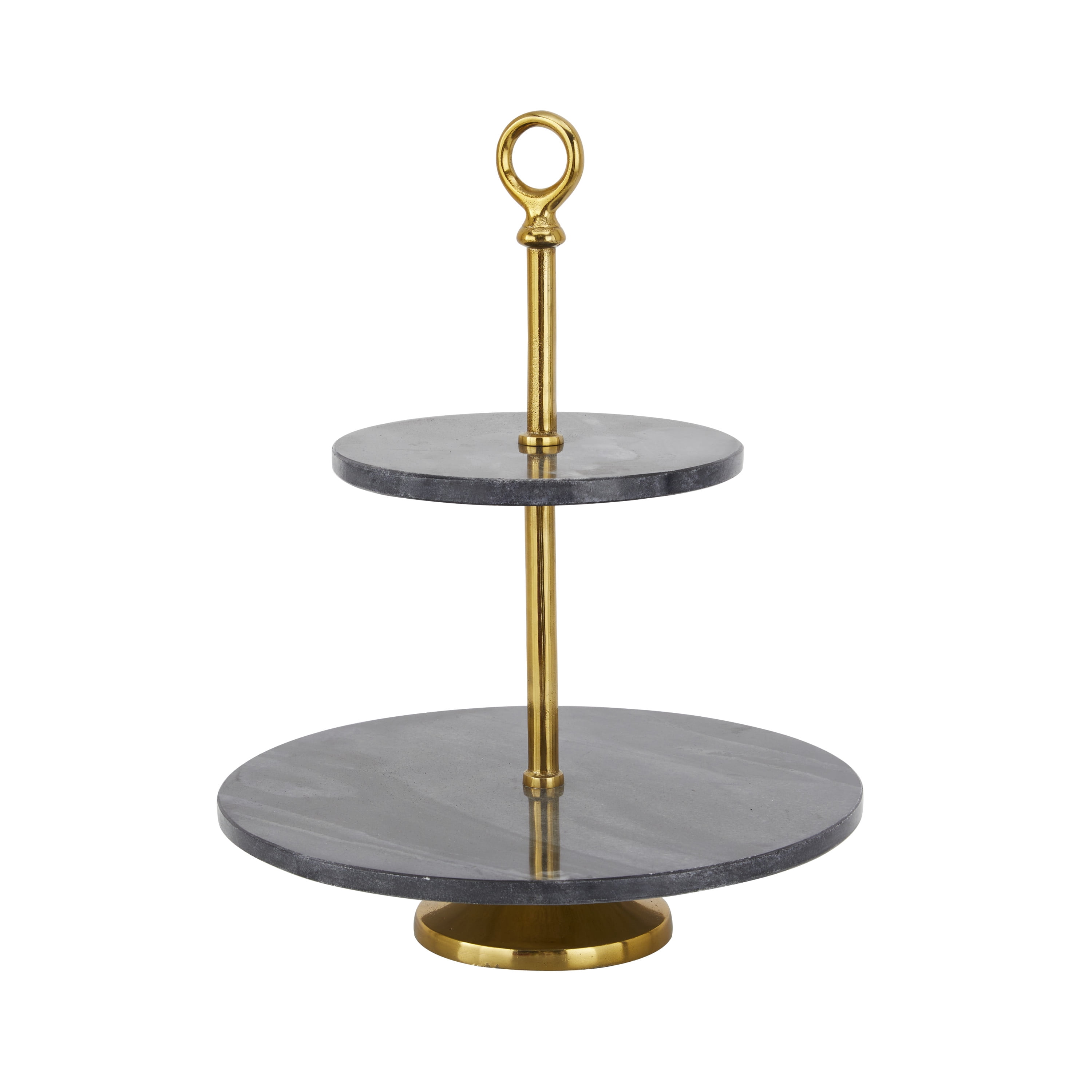 DecMode 14" x 19" Black Marble 2 Tiered Server with Gold Post, 1-Piece