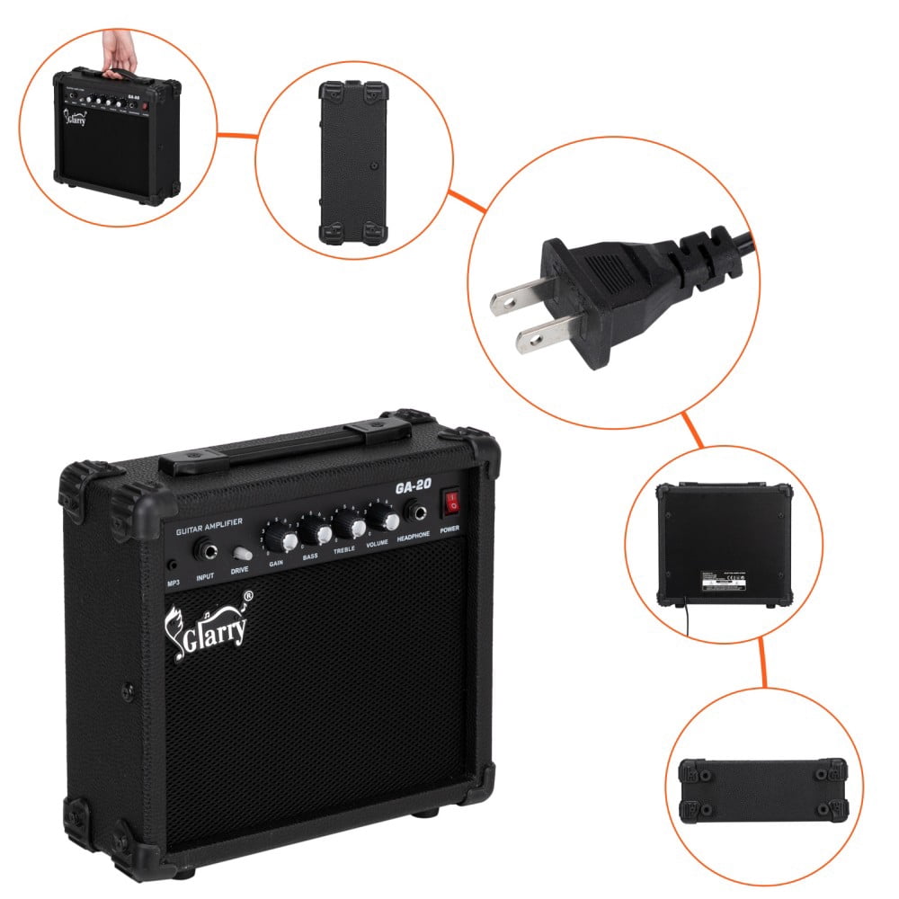 Electric Guitar Amp - 20 Watt Amplifier w/ Built-in Speaker Headphone Jack and Aux Input Includes Volume Treble Bass and Middle Controls - Black