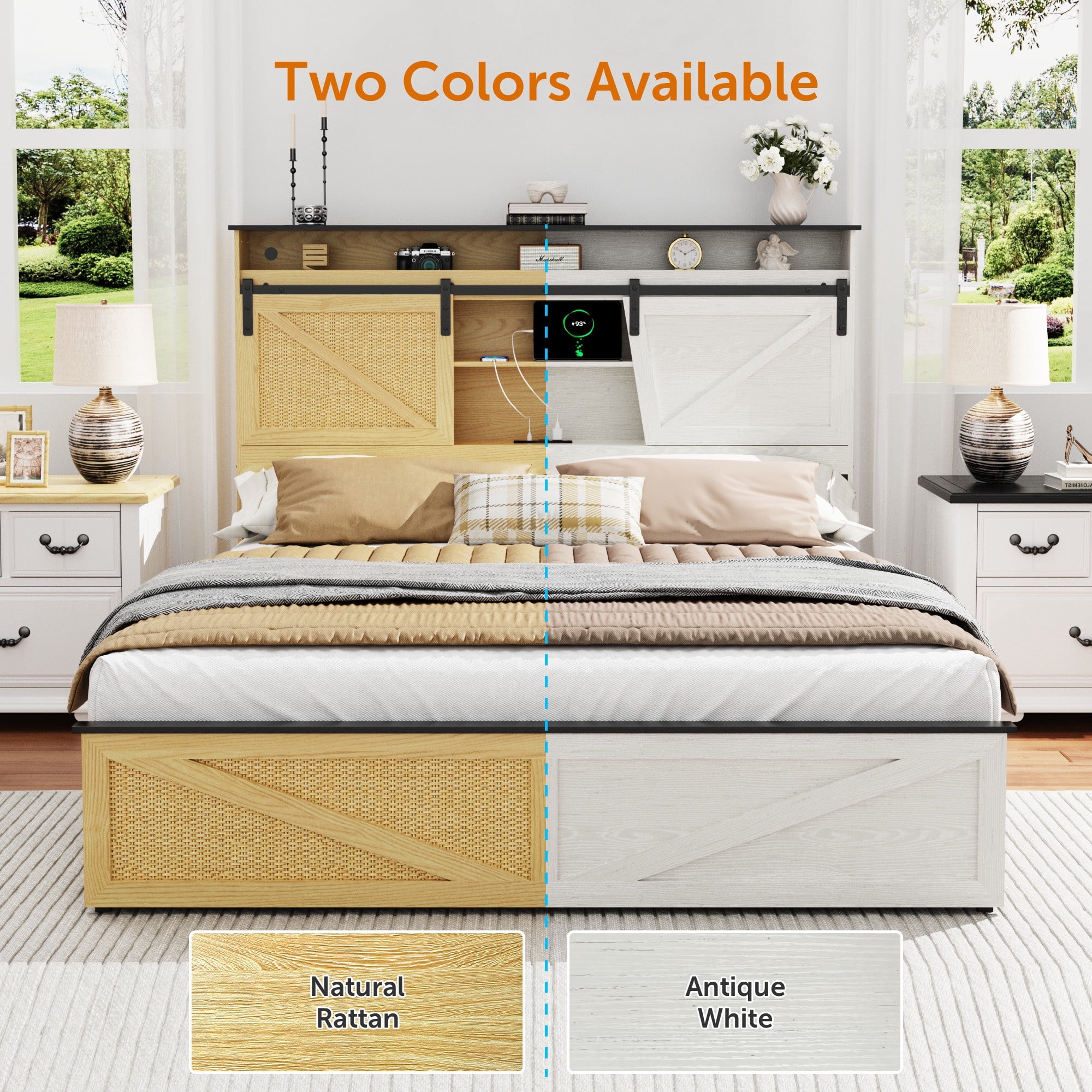 Wood Full Bed Frame with Headboard & Storage Shelf, Holaki Farmhouse Full Size Platform Bed Frame with 2 Drawers, Charging Station & LED Lights, Headboard with Sliding Barn Door, Natural