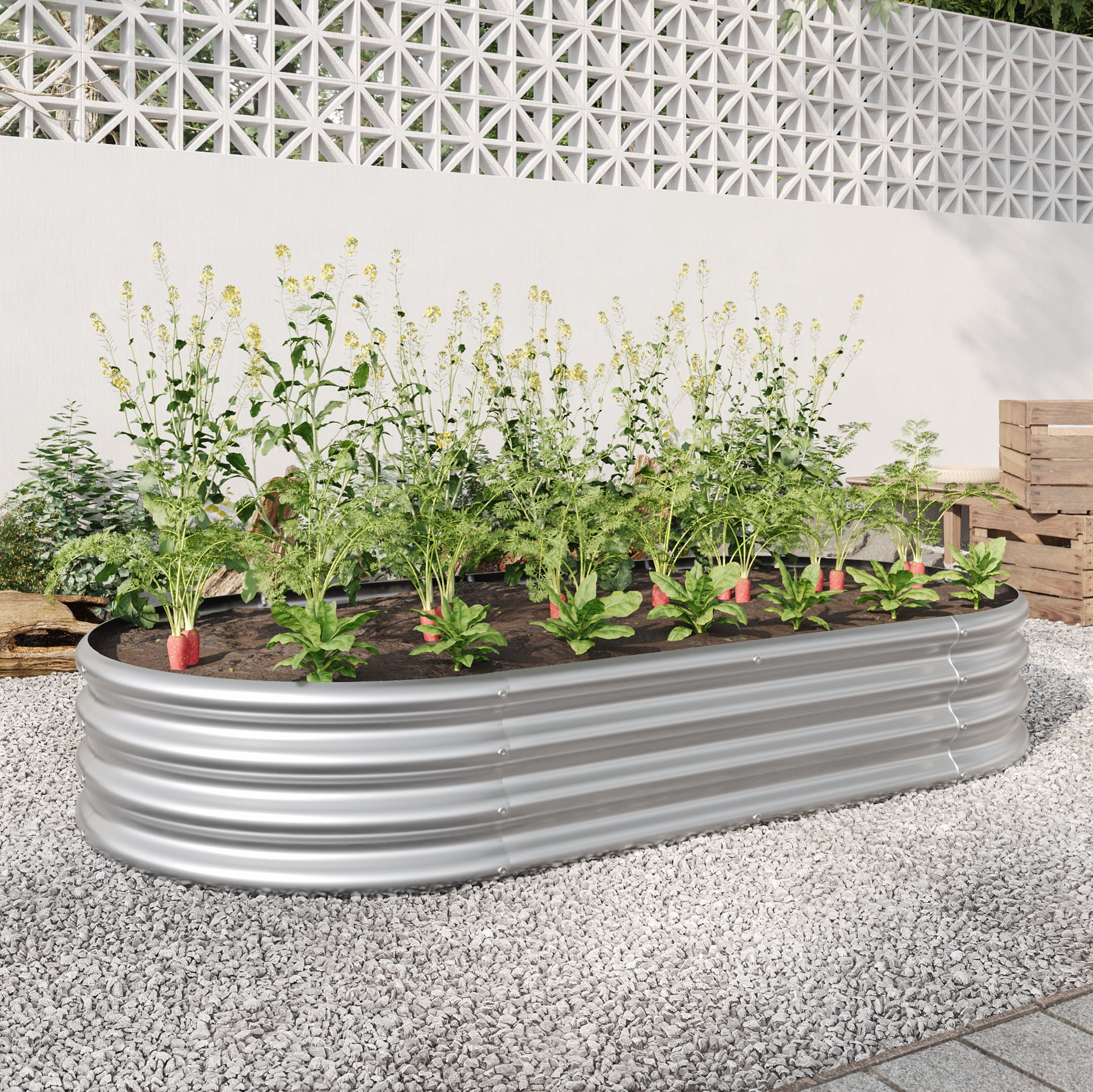 Raised Garden Bed Outdoor, Oval Large Metal Raised Planter Bed for for Plants, Vegetables, Flowers - Silver