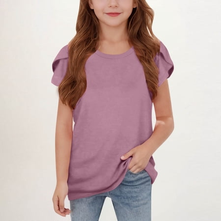 BLTIBY Girls Short Sleeve Shirts Summer Cute Solid Color Round Neck Pod Sleeve Pleated Blouse Fashion Comfortbale Tops Purple 14-15 Years