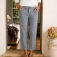 thumbnail image 4 of Karymi Capri Pants for Women Solid Fake Linen Mid Rise Button Zip Fly Slim Straight Leg Cropped Ankle Length Casual Trouser Pants with Front Slant Pockets Athletic Shorts for Women, 4 of 5