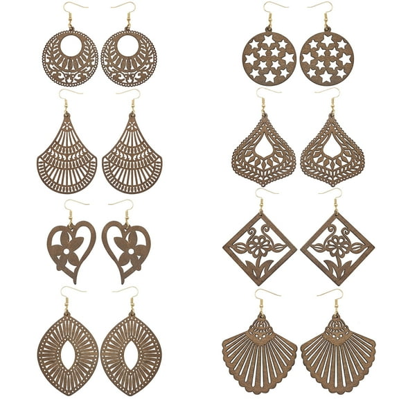 Bocar 8pairs/set Bohemian Vintage Wooden Hollow Out Flower Pattern Pendant Earrings For Women