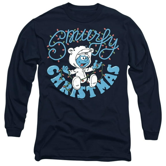 Smurfs Smurfy Christmas With Baby Smurf Unisex Adult Long-Sleeve T Shirt, Navy, Small