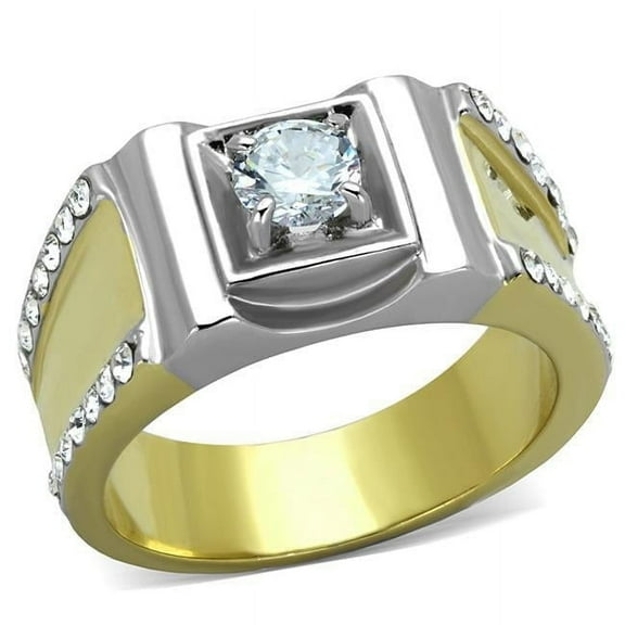 Men Two-Tone IP Gold Stainless Steel Ring with AAA Grade CZ in Clear - Size 9