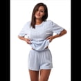 thumbnail image 2 of Conjunto de Pijama Informal Holgado con Ribete de Encaje para Mujer, 2 Piezas, Camiseta de Corta con Cuello Redondo y Pantalones Cortos, Azul XL, 2 of 10
