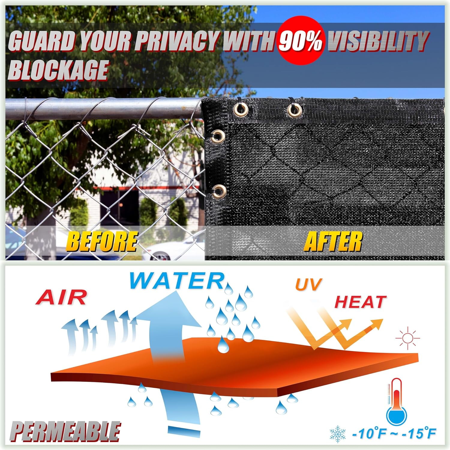 ColourTree 6' x 7' Black Fence Privacy Screen Windscreen Cover Shade Fabric Cloth, 90% Visibility Blockage, with Grommets, Heavy Duty Commercial Grade, Zip Ties Included - (We Make Custom Size)
