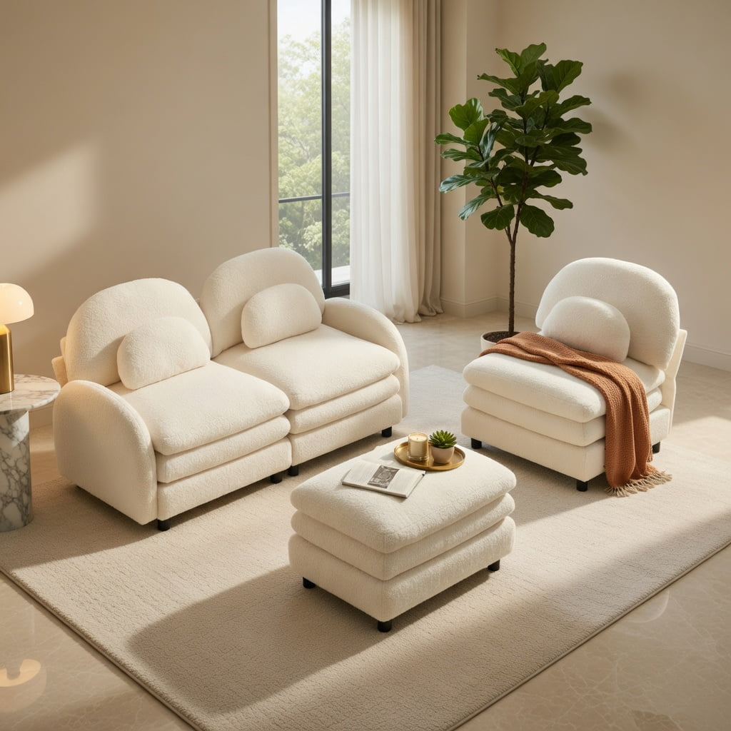 Hommoo Teddy Fleece 3-Seat Modular Sectional Sofa with Curved Backrest, Movable Ottoman & Double-Layer Cloud-Like Cushions, Beige