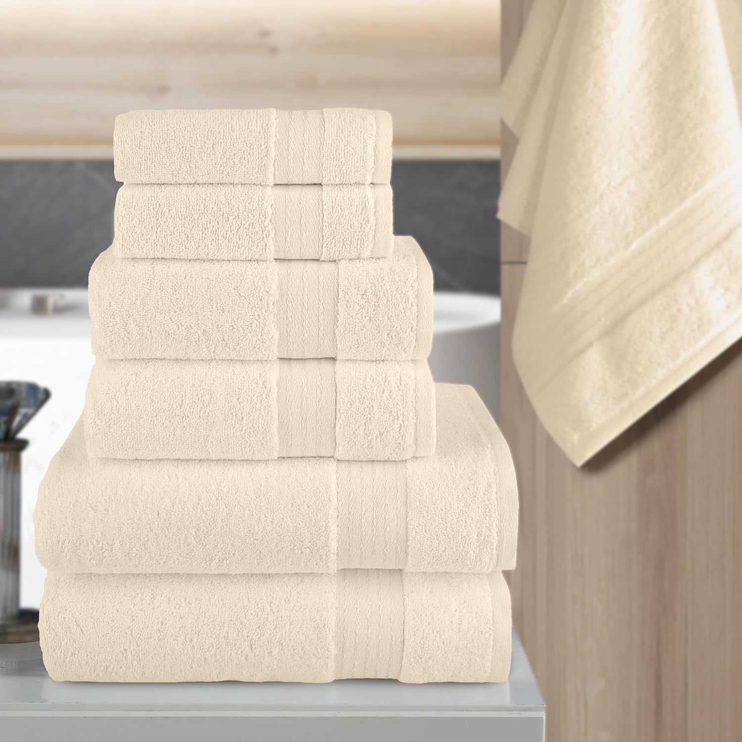 Elegant Comfort Cotton 6-Piece Towel Set, Includes 2 Washcloths, 2 Hand Towels and 2 Bath Towels, 100% Turkish Cotton - Highly Absorbent and Super Soft Towels for Bathroom, Ivory