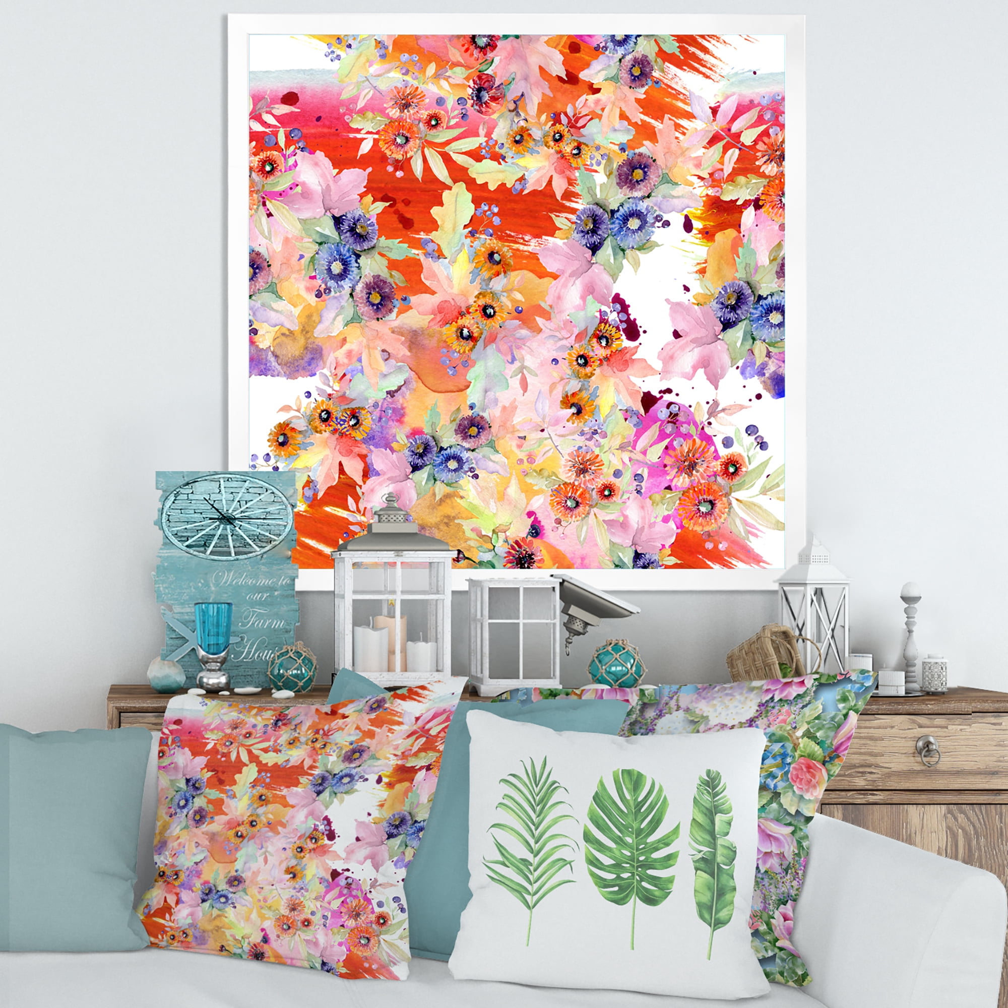 Wildflowers and Vibrant Wild Spring Leaves VI 16 in x 16 in Framed Painting Canvas Art Print, by Designart