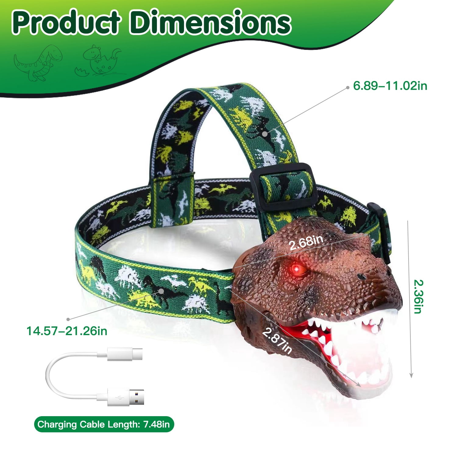 (Weiyi-EC)-- 1Pc Dinosaur Headlamp Kids Headlight Dinosaur Flashlight With Realistic Roar Sound 4 Modes Adjustable Headband Kid Camping Gear Unique Gifts For Boys **--（6lp;jg ）