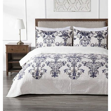 Chezmoi Collection Chloris 3-Piece Pre-Washed Medallion Quilt Set Printed Floral Microfiber Navy Blue Taupe Light Ivory Bedspread Queen
