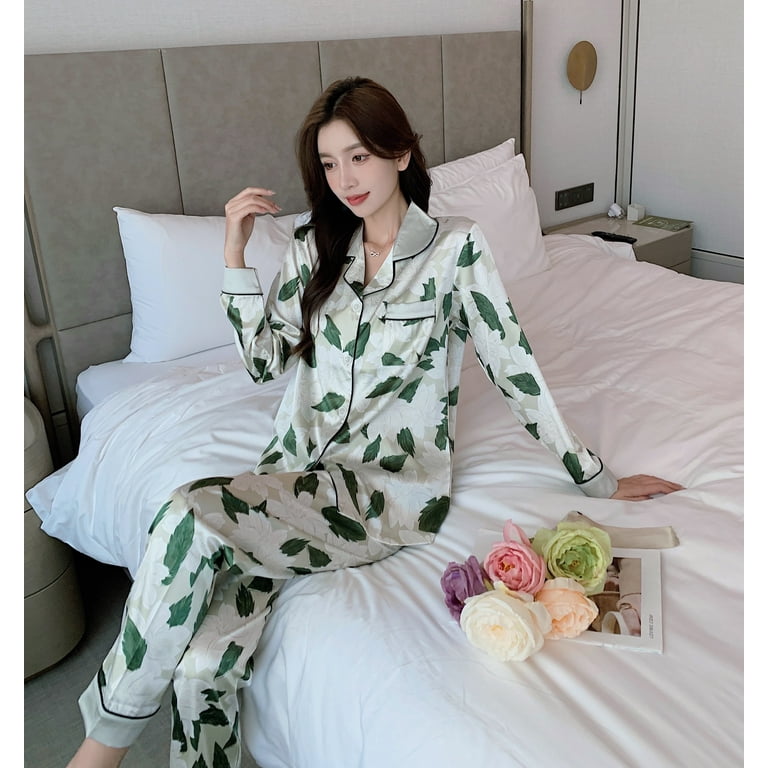 PIKADINGNIS WAVMIT Long Sleeve Pajamas Silk Set Women Sleepwear Shirt Nightwear for Women Long Top Pant Home Wear Young Girl Pyjamas Set