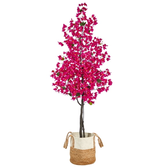 Nearly Natural 6ft. Artificial Bougainvillea Tree with Handmade Jute & Cotton Basket, Pink
