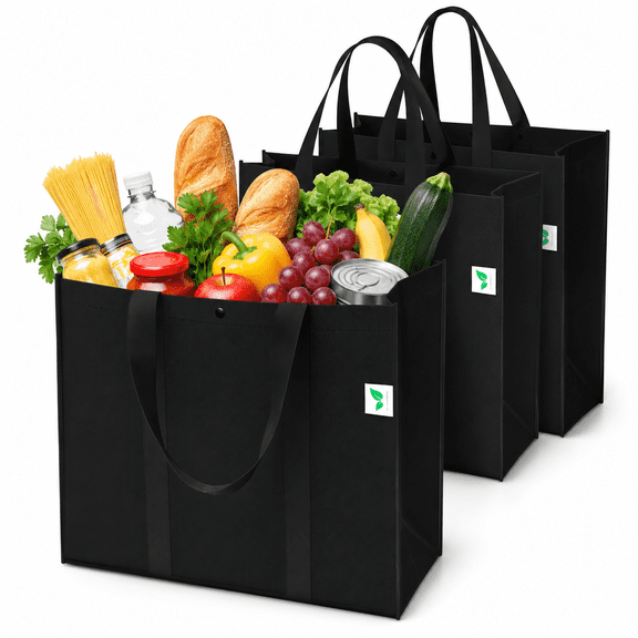 Reusable Grocery Bags (3 Pack,Black) - Hold 50  lbs - Large & Super Strong,Heavy Duty Shopping Bags - Grocery Tote Bag with Reinforced Handles & Thick Plastic Support Bottom
