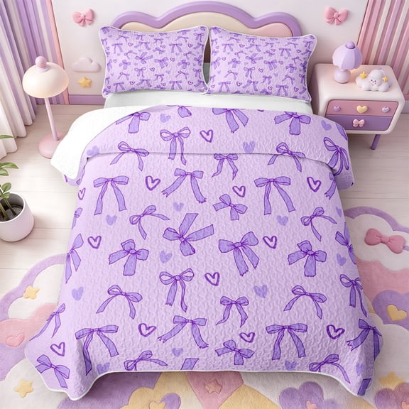 Manfei Kawaii Bow Knot Quilt Full,Purple Dreamy Bowtie Full Bedspread Sets,3-Piece,1 Coverlet and 2 Pillowcases