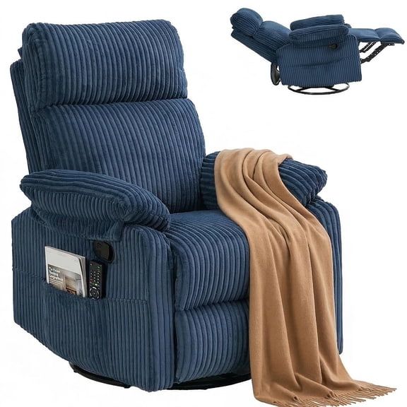 Manual Small Recliner Rocking Chair For Nursery/relaxation, Corduroy Swivel Glider Recliner For Living Room Bedroom, Brown Rocking Chair Nursery Recliners For Small Spaces, Side Pockets (navy Blue)