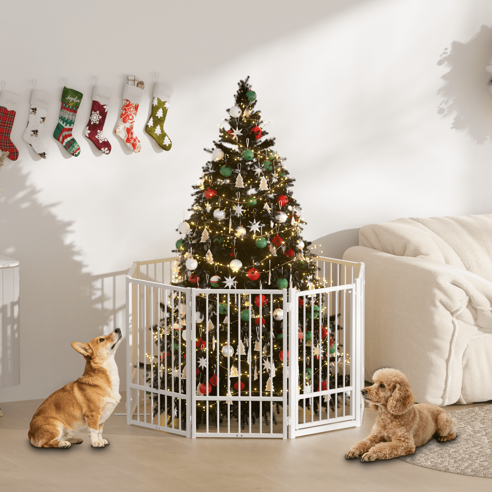 32''Height Full Matel Freestanding Dog Gate with Door, 8 Panels Extra Wide Free Standing Tall Dog Gates for Doorways,House,Stairs,Porch,Deck,Yard