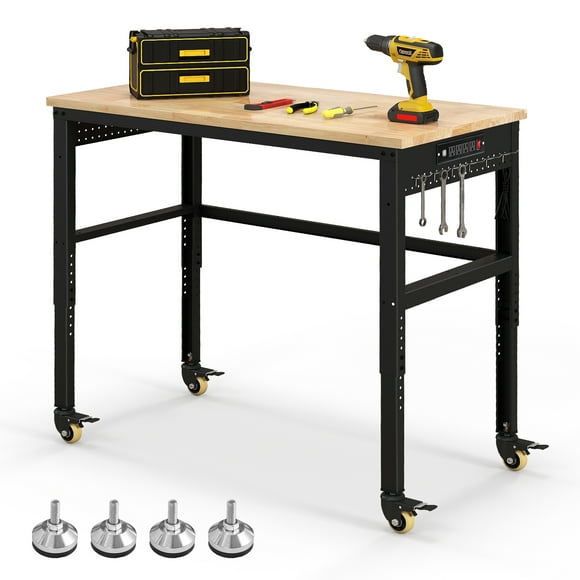 Costway 48" Adjustable Work Bench Heavy-Duty Steel Frame Worktable with Power Outlets