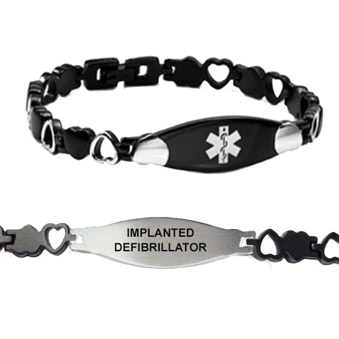 Implanted Defibrillator Black Heart Medical Alert ID Bracelet for Women