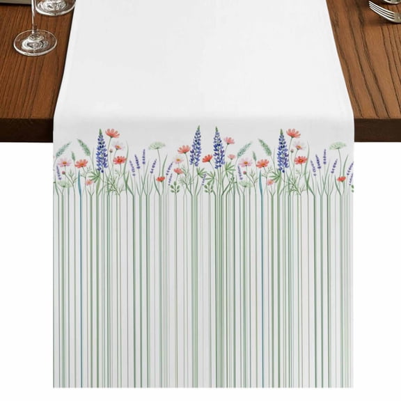 Table Runners 36 Inches Long Dress Scarves, Spring Floral Farmhouse Kitchen/Dining Table Runner, Short Coffee Tablerunners, Watercolor Flowers Green Lines Minimalist 13x36 Inch