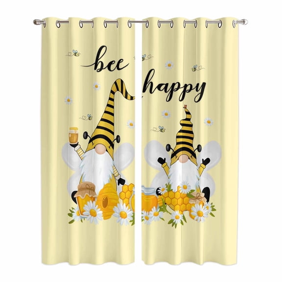 Kitchen Curtains 84 Inch Length 2 Panels, Yellow Bee Gnomes Grommets Window Treatment Curtain, Spring Floral Daisy Farmhouse Thermal Curtains Drapes for Living Room/Bathroom