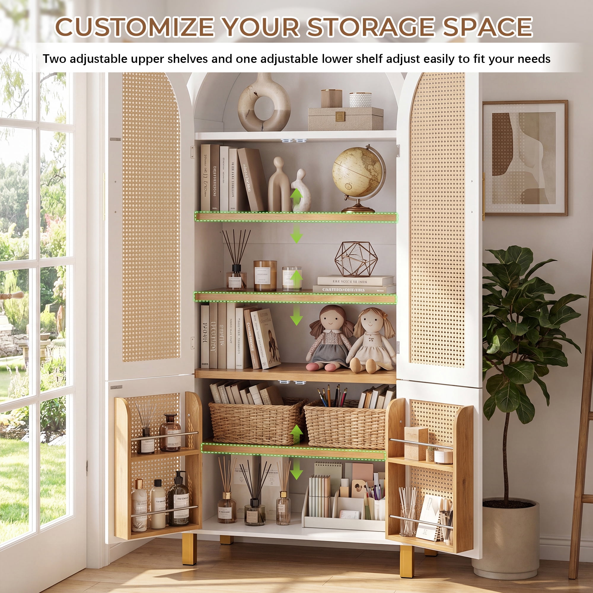 71-Inch Tall Arched Cabinet with Rattan Doors and Adjustable Shelves, Farmhouse Storage Cabinet with Built-in Racks for Kitchen, White