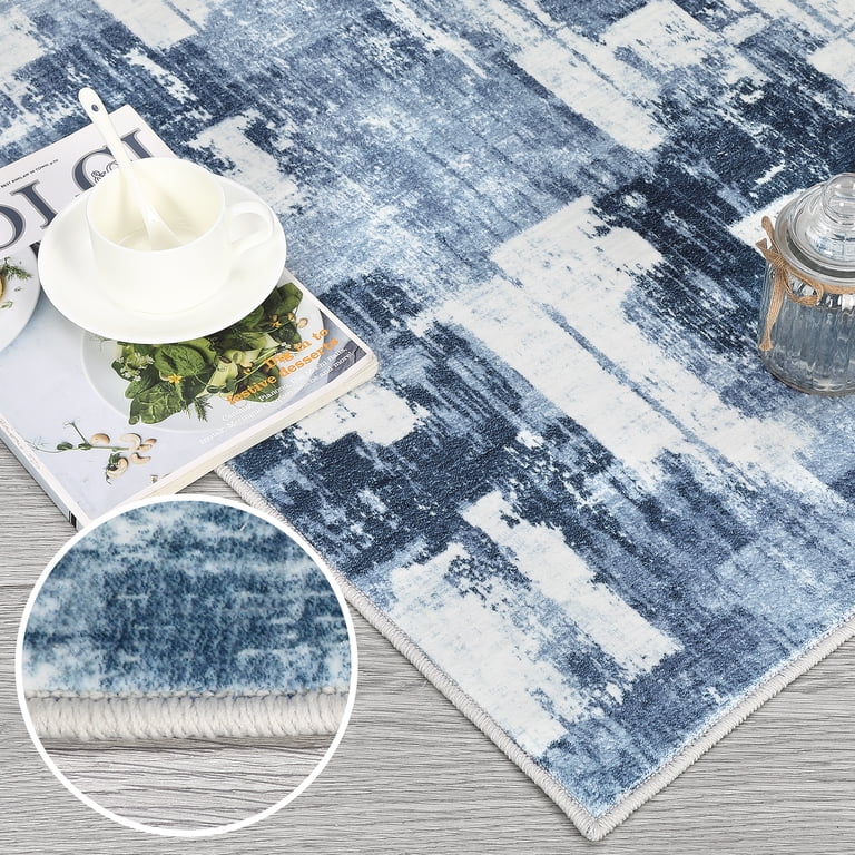 Zacoo 9x12 Navy Blue Washable Area Rug - Non-Slip, Stain Resistant, Low Pile Vintage Style Rug For Living Room