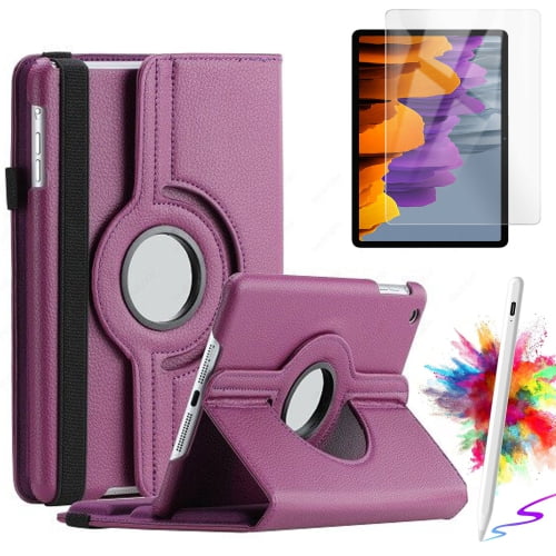 Case With Screen protector With Stylus Pen For Samsung Galaxy Tab A7 10.4 Case SM-T500/T505 Rotating Smart Leather Magnetic Stand Cover With Tempered Glass, Purple