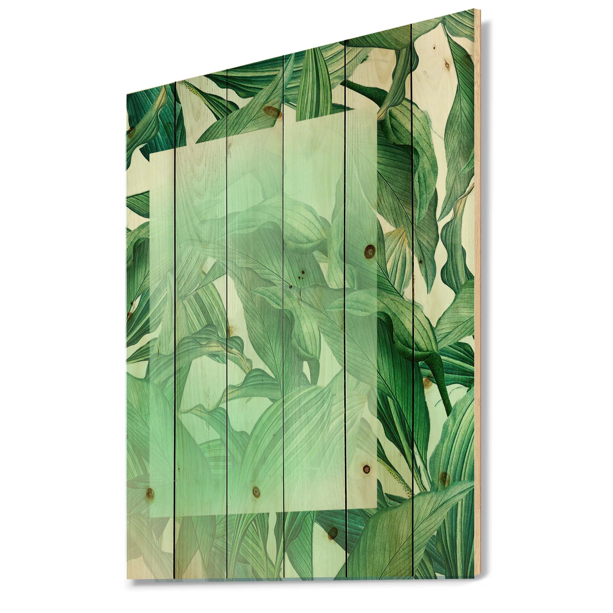 Designart 'Tropical Palm Green Leaves Under White Rectangle' Nautical & Coastal Print on Natural Pine Wood