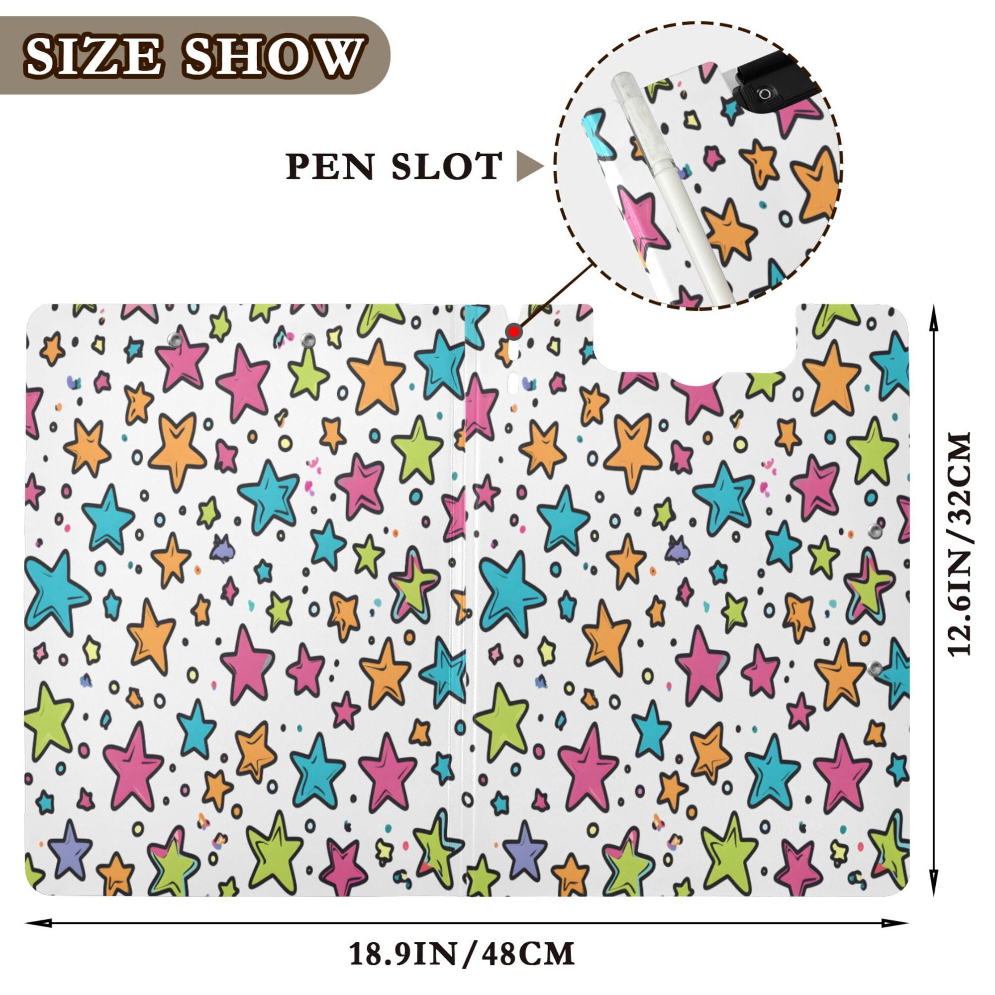 FORMRS A4 Clipboard Folder with Pen Holder Horizontal Foldable School Office Binder, White Stars