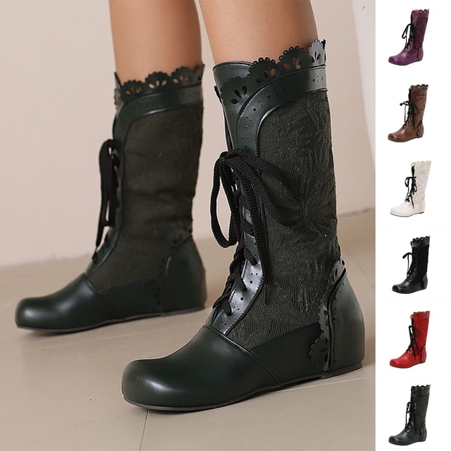 LOVZFMLL Bottes pour Femmes Mi-Mollet Bottes d'Hiver à Lacets Bout Rond Sangles Ajustables Talon Plat Mode Automne Hiver Bottes Chaussures