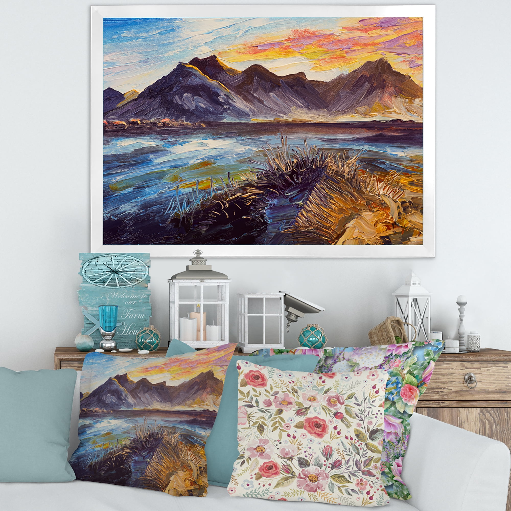 Designart 'Impression Pink Sunset Over The Mountains By The Sea' Nautical & Coastal Framed Art Print