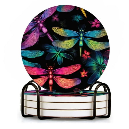 

BaHomeck Drink Coasters Set of 4 with Holder Colorful Dragonfly Flower Floral print Water Absorbent Ceramic Coasters Tabletop Protection Suitable for Various Cup Home Decor