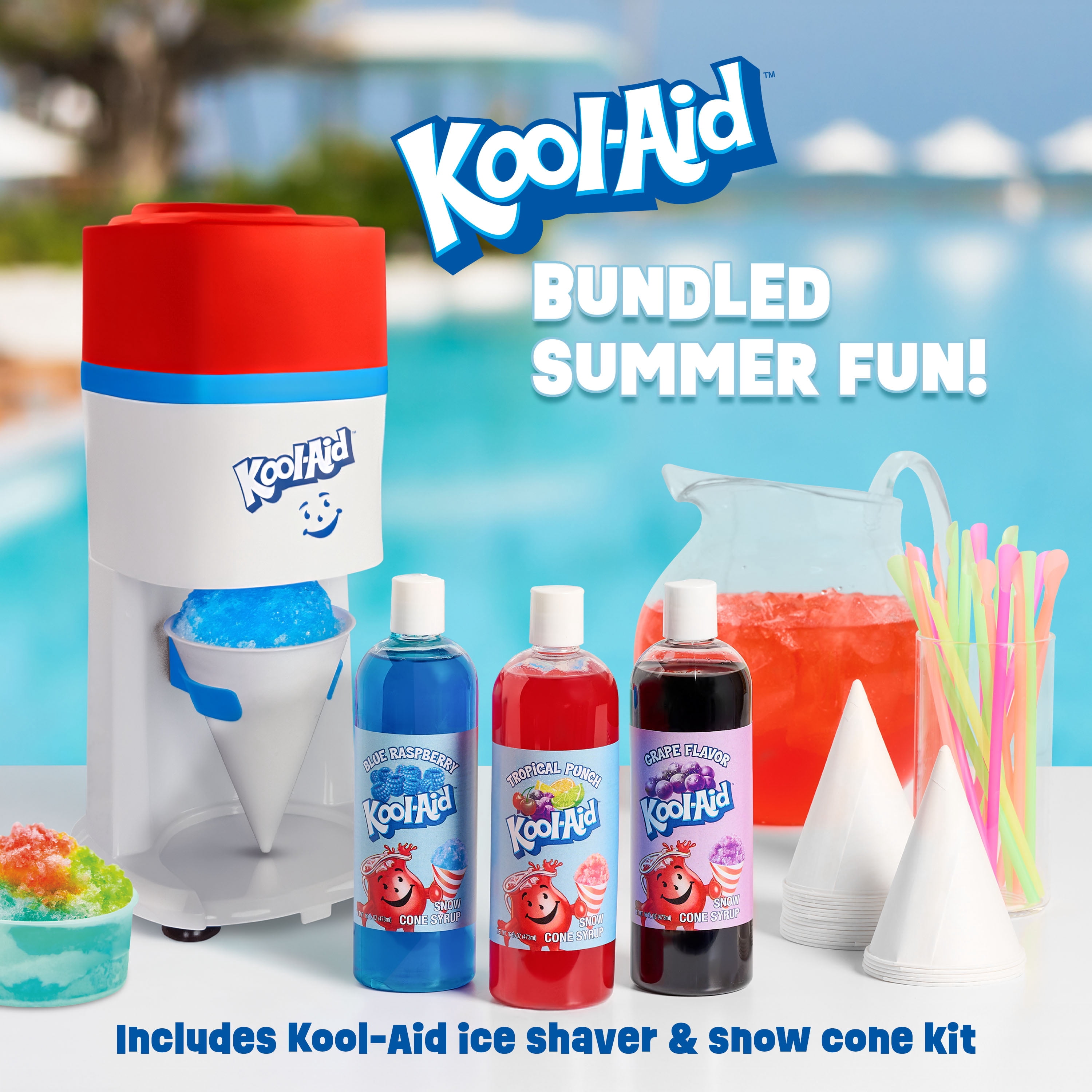 Kool-Aid Snow Cone Maker Party Kit, (3) 16oz Flavored Syrups, 20 Cones and Spoon Straws, Bomb Pop