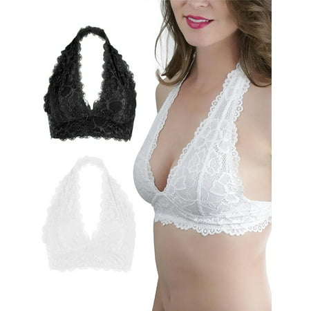 Spencer Women Floral Lace Halter Bralette Bra Triangle Bralette Unpadded Wireless Bra Crop Top Lingerie  Black XXL
