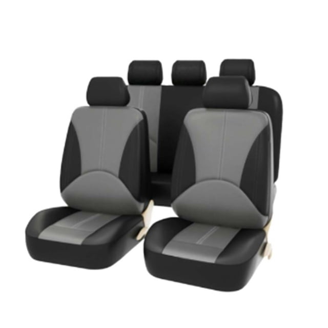 Graflsoa Black & Grey 9-Piece Perforated PVC Leather Car Seat Cover Set with Sponge Padding, Includes Front, Rear, and Headrest Covers (118x56cm, 130x78cm, 130x56cm, 28x30cm)