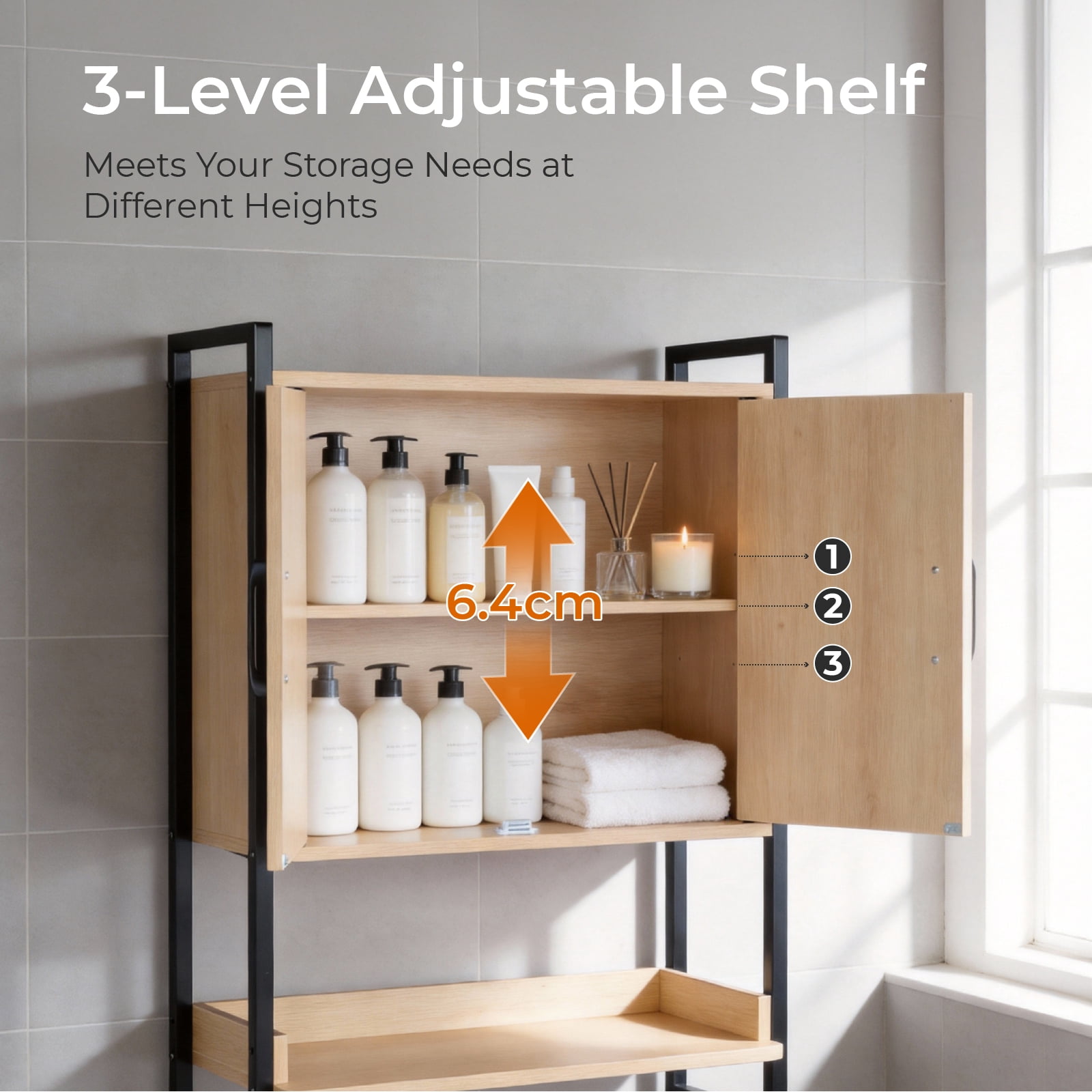 One Shelf Toilet Cabinet, Wood Grain Embossed Design, Mdf Melamine Veneer With Square Tubing, Double Doors, 64.5*30*171cm