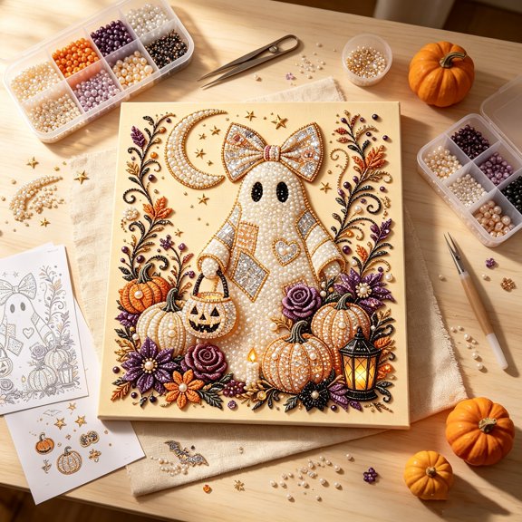 Halloween Ghost Pearl Art DIY Kit, DIY Pearl Painting | 7.8in * 7.8in Cute Ghost Pumpkin 3D Mosaic Craft Set, Spooky Fall Home Decor Holiday Gift