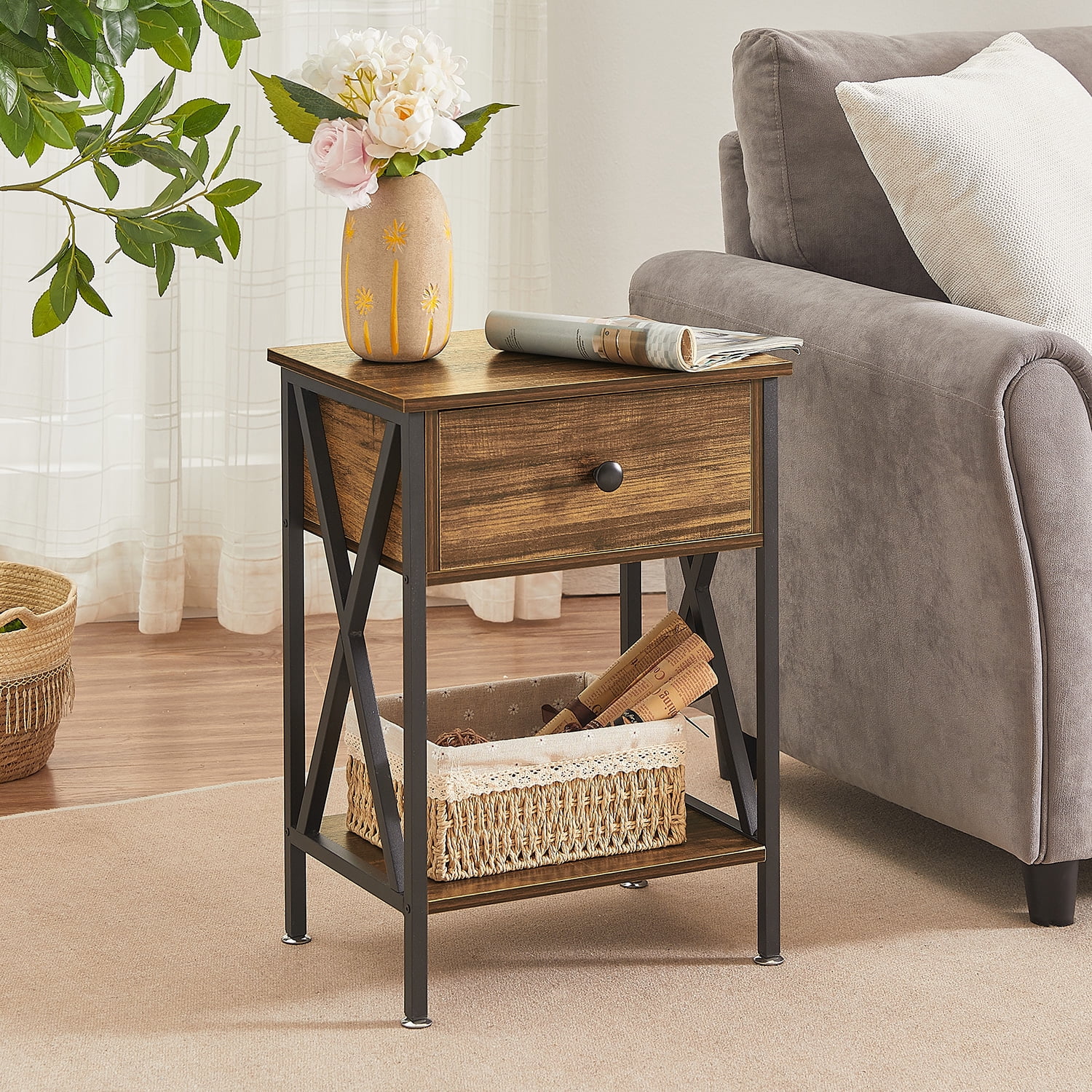 VECELO Nightstand with Drawer and Open Storage Shelves, Bedside End Table for Bedroom Living Room, Brown