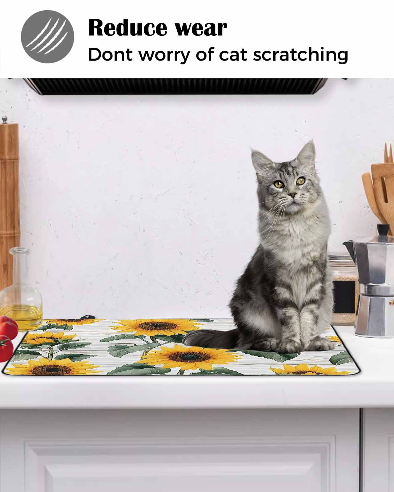 nqOlkjepod Large Induction Cooktop Protector Mat 24"x21", Country Sunflowers Stove Top Covers for Electric Stove, Retro Pastoral Floral Wooden Plank Stove Burner Cover Mats, Glass Top Stove Cover