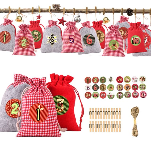 Bolsa de calendario de adviento de navidad, bolso de lino con cordón para colgar en la pared, con Clips, letrero de madera, cuenta regresiva de navidad, 24 unidades, 2022