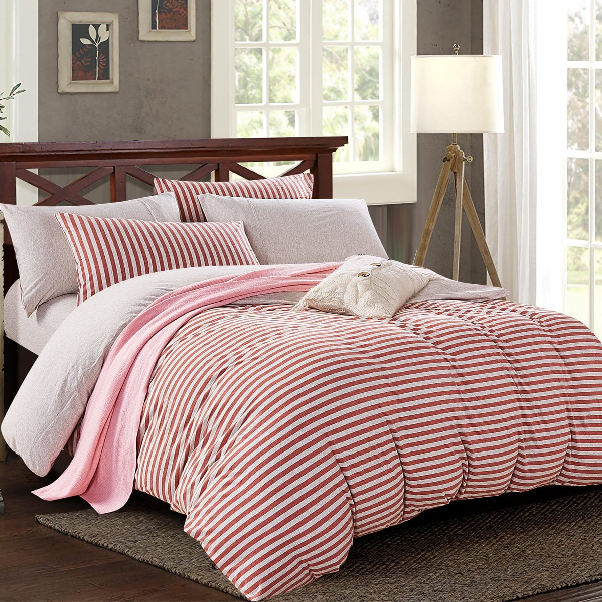 PURE ERA Duvet Cover Set - Ultra Soft Heather Jersey Knit Cotton Home Bedding Pinstripes Red 